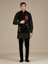 Black mens sophisticated embroidered nehru waistcoat set