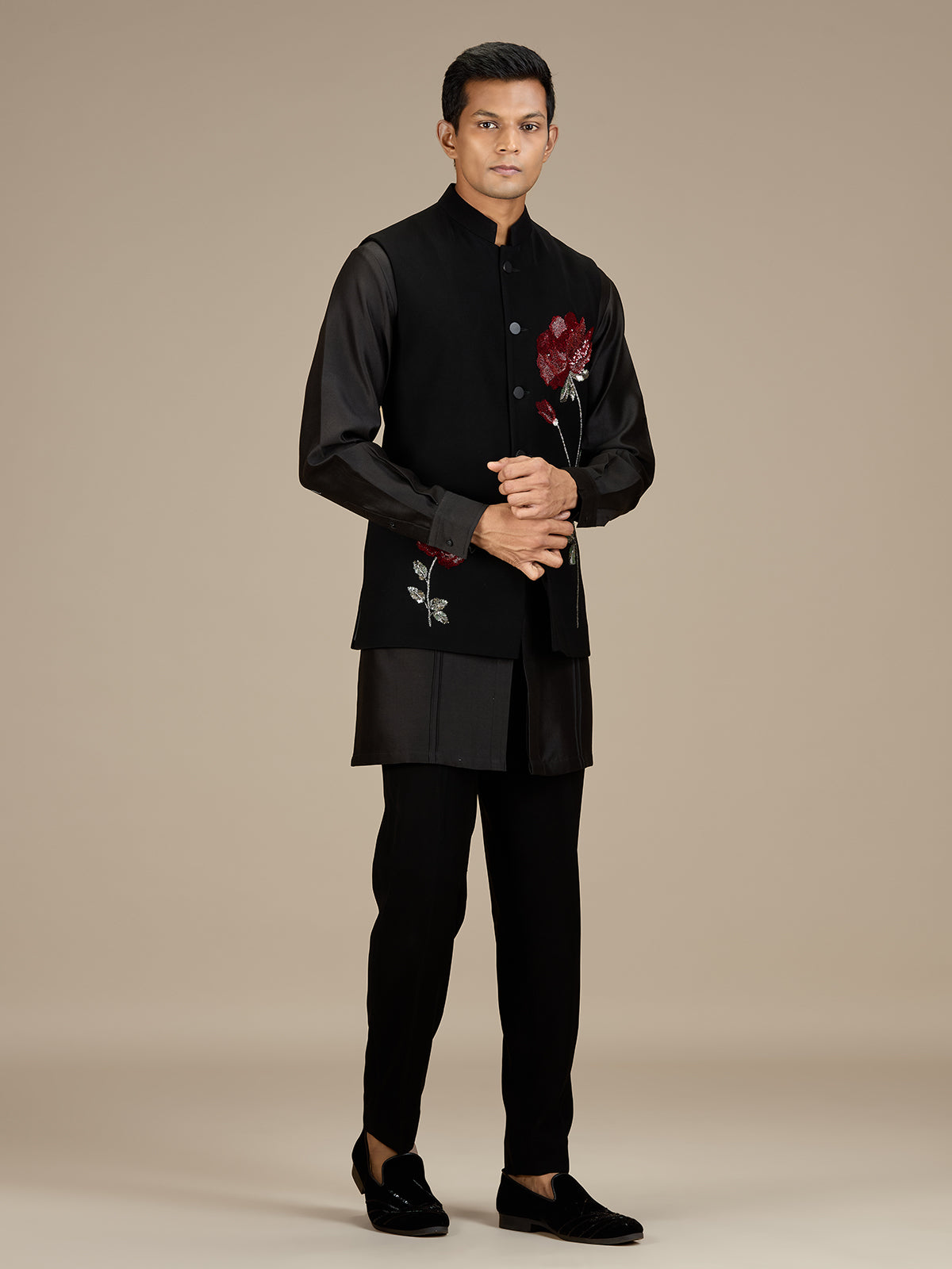 Black mens sophisticated embroidered nehru waistcoat set
