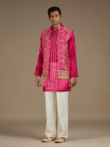 Pink mens luxurious embroidered bandhani bundi waiscoat set