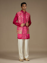 Pink mens luxurious embroidered bandhani bundi waiscoat set