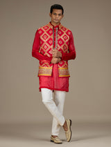 Red mens opulent bandhani nehru waistcoat set