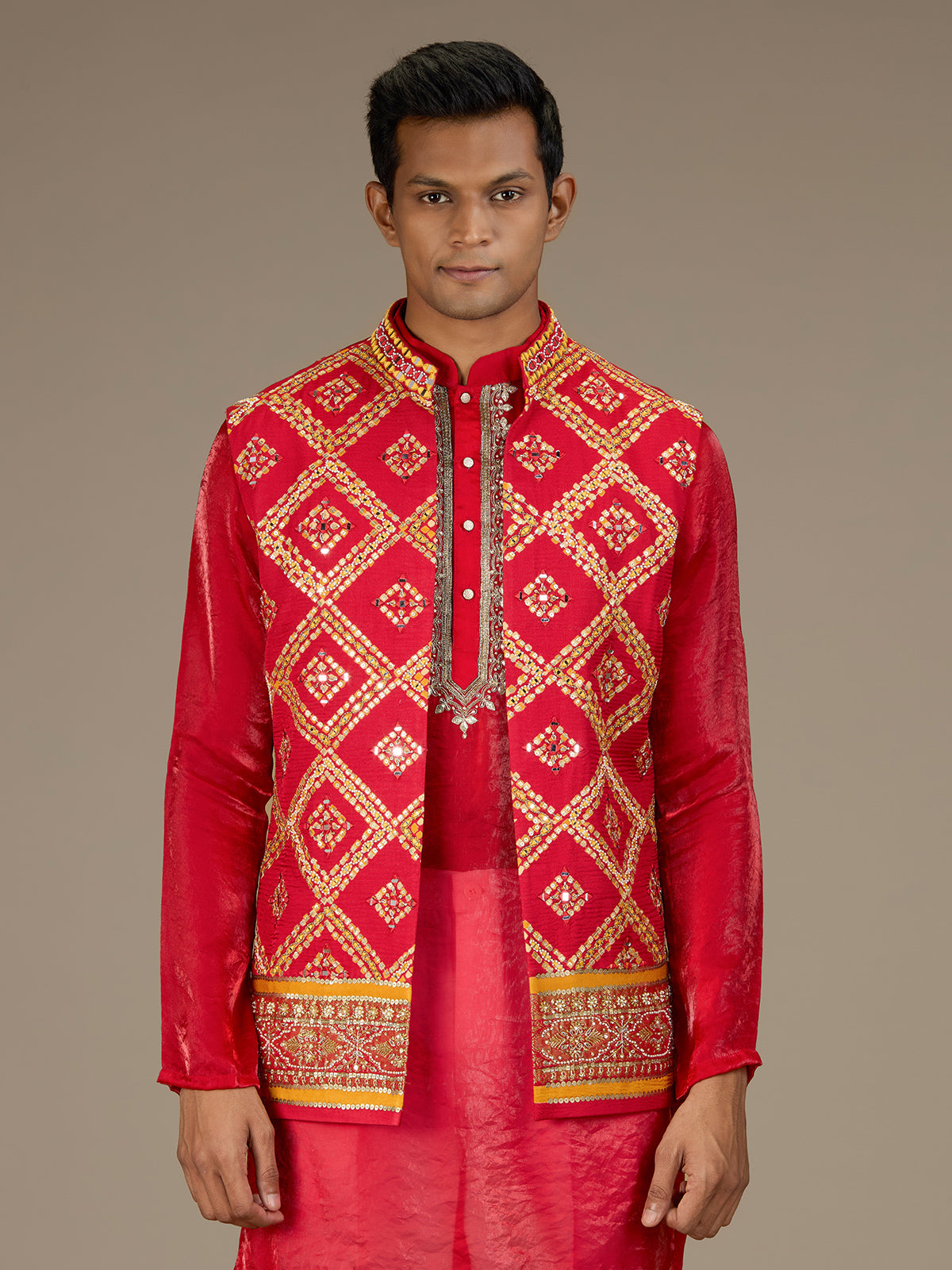 Red mens opulent bandhani nehru waistcoat set