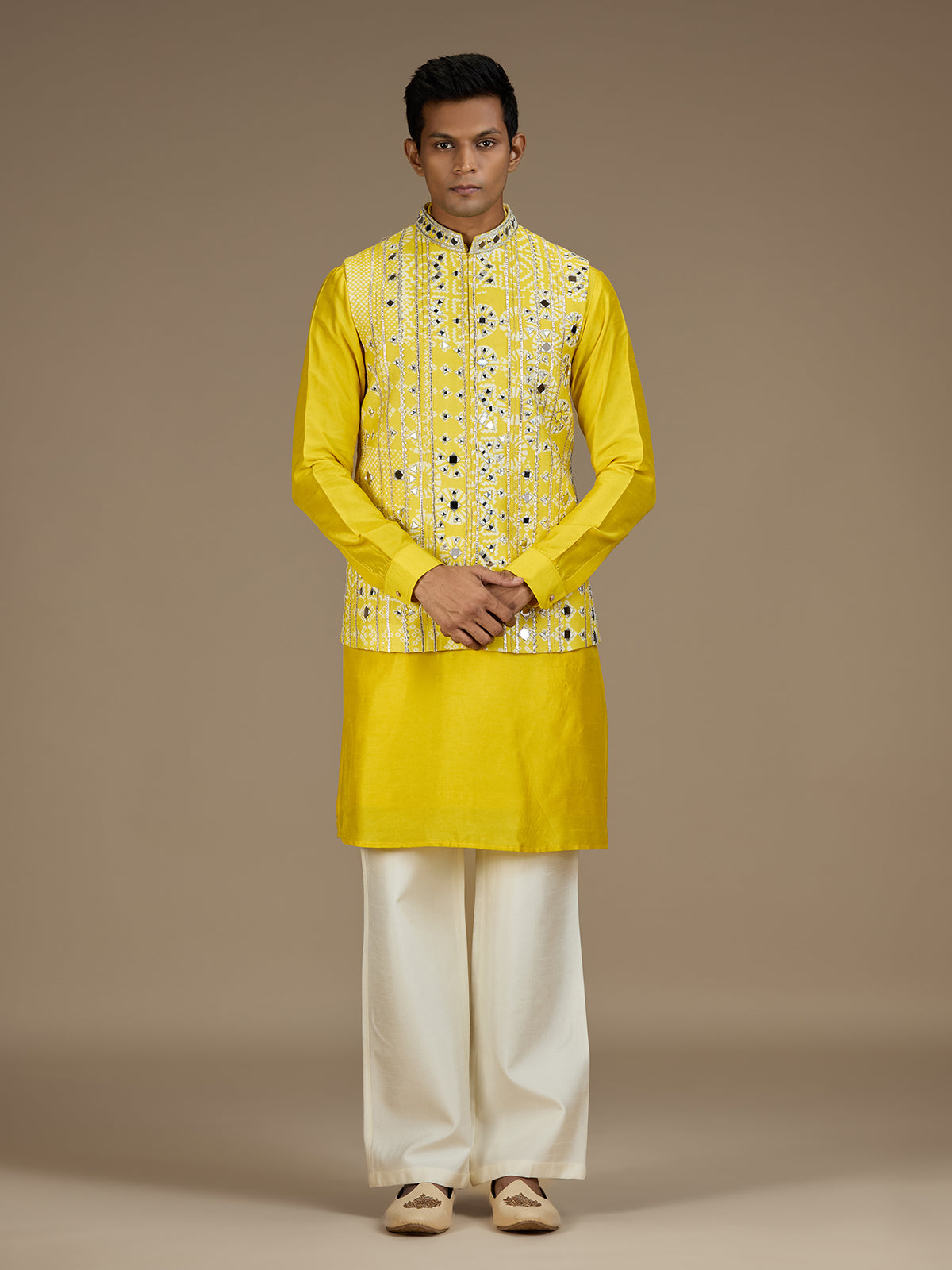 Yellow mens distinguished embroidered nehru waistcoat set