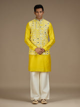 Yellow mens distinguished embroidered nehru waistcoat set