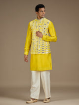 Yellow mens distinguished embroidered nehru waistcoat set