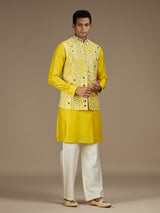 Yellow mens distinguished embroidered nehru waistcoat set