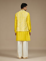 Yellow mens distinguished embroidered nehru waistcoat set
