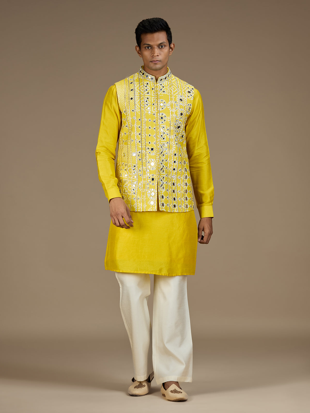 Yellow mens distinguished embroidered nehru waistcoat set