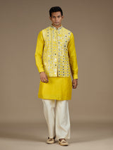 Yellow mens distinguished embroidered nehru waistcoat set
