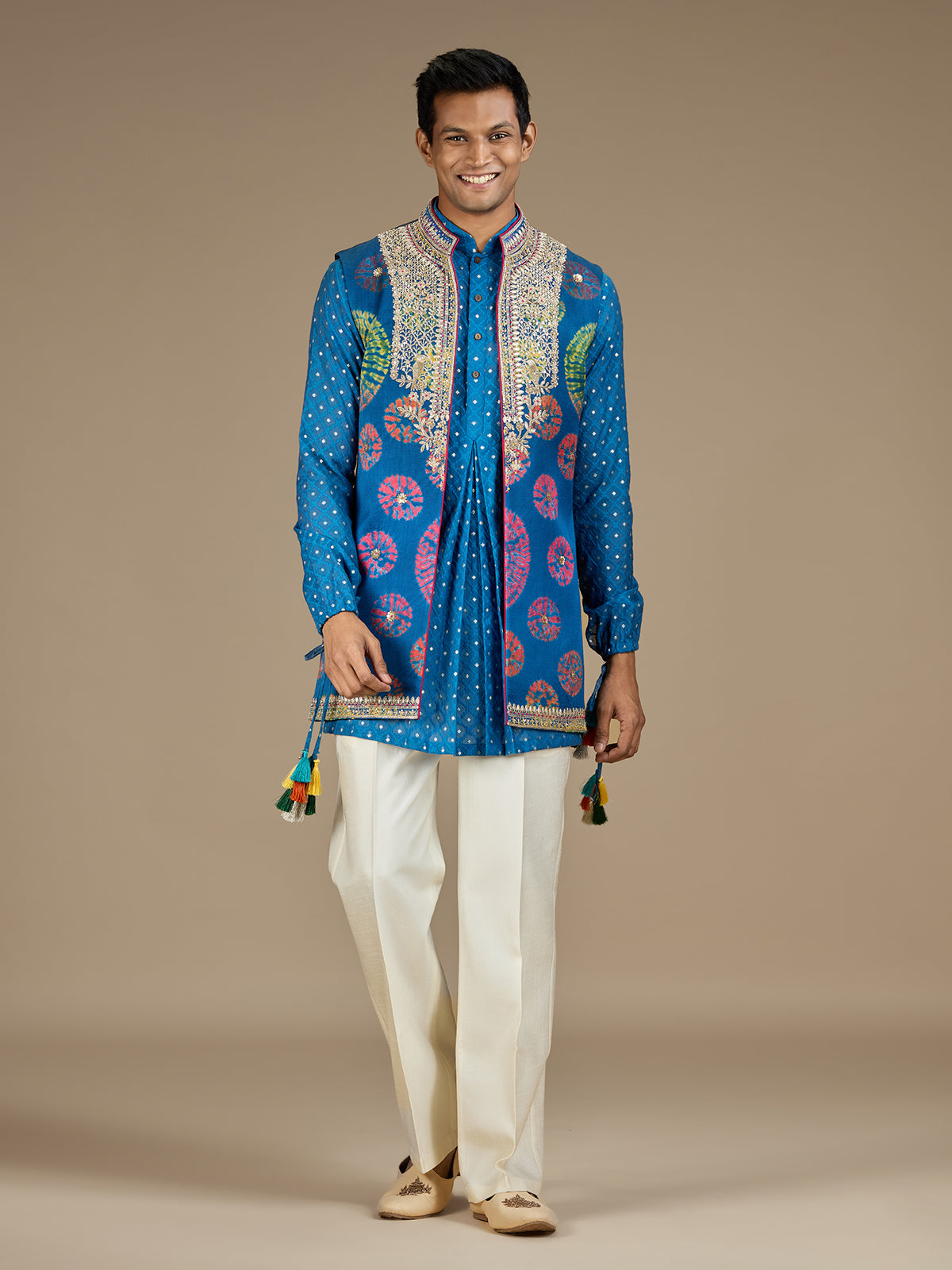 Blue mens majestic bandhani waistcoat kurta set