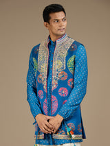 Blue mens majestic bandhani waistcoat kurta set