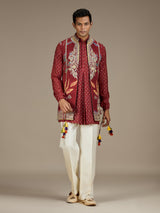 Maroon mens regal bandhani waistcoat kurta set