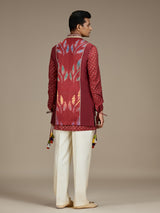 Maroon mens regal bandhani waistcoat kurta set