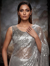 Elegant silver net saree for women with sequin cutdana detailing
