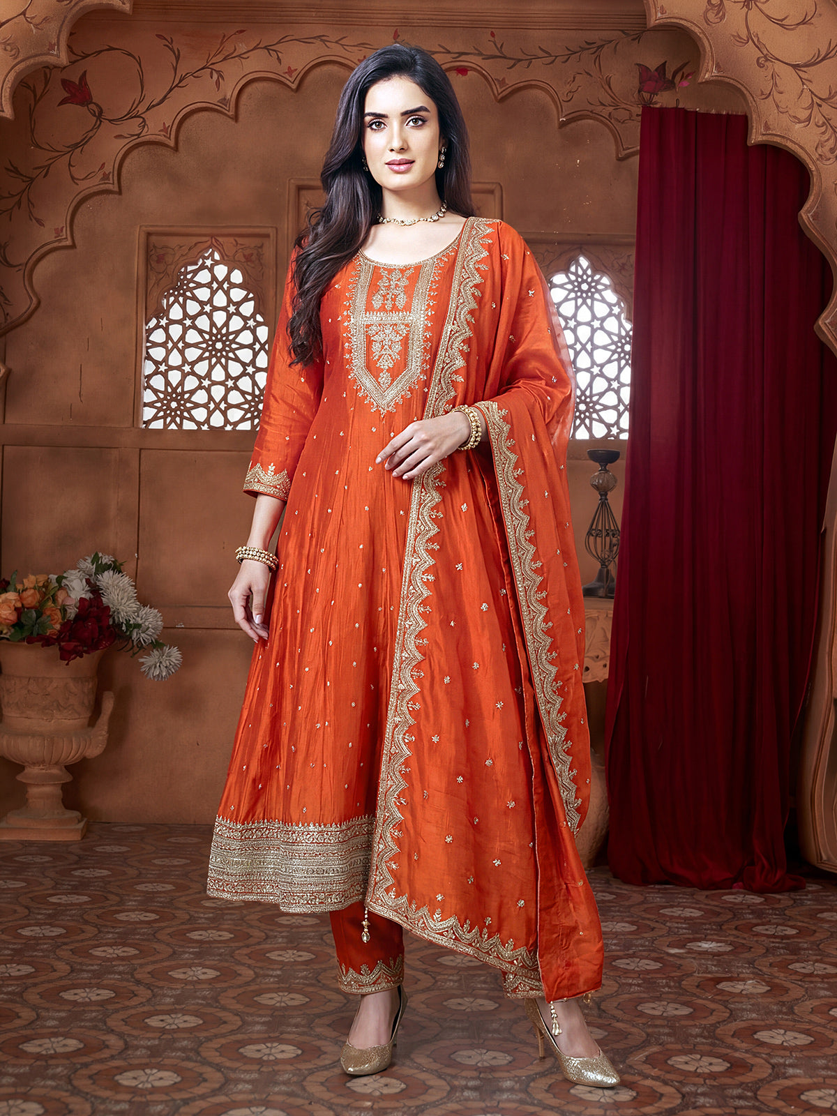Orange chanderi silk festive embroidered anarkali suit