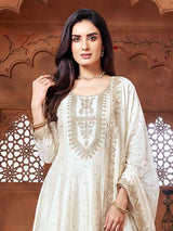 Off white chanderi silk elegant embroidered anarkali suit