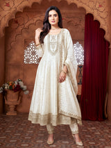 Off white chanderi silk elegant embroidered anarkali suit