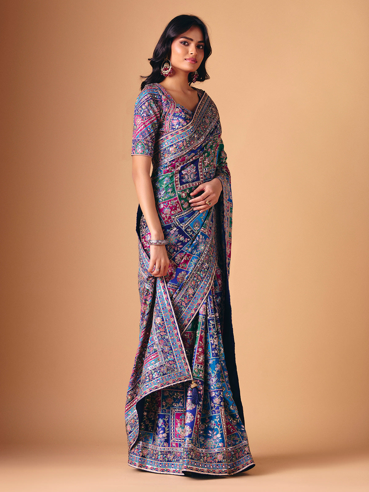 Blue modal silk colorful motif embellished saree for wedding