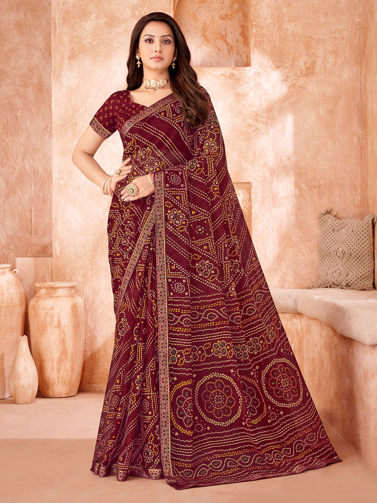 Wine chiffon festive wear saree with bandhani print