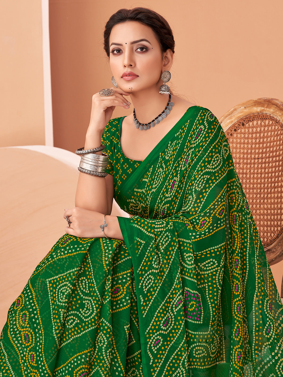 Dark green bandhani printed chiffon saree