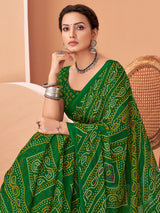 Dark green bandhani printed chiffon saree