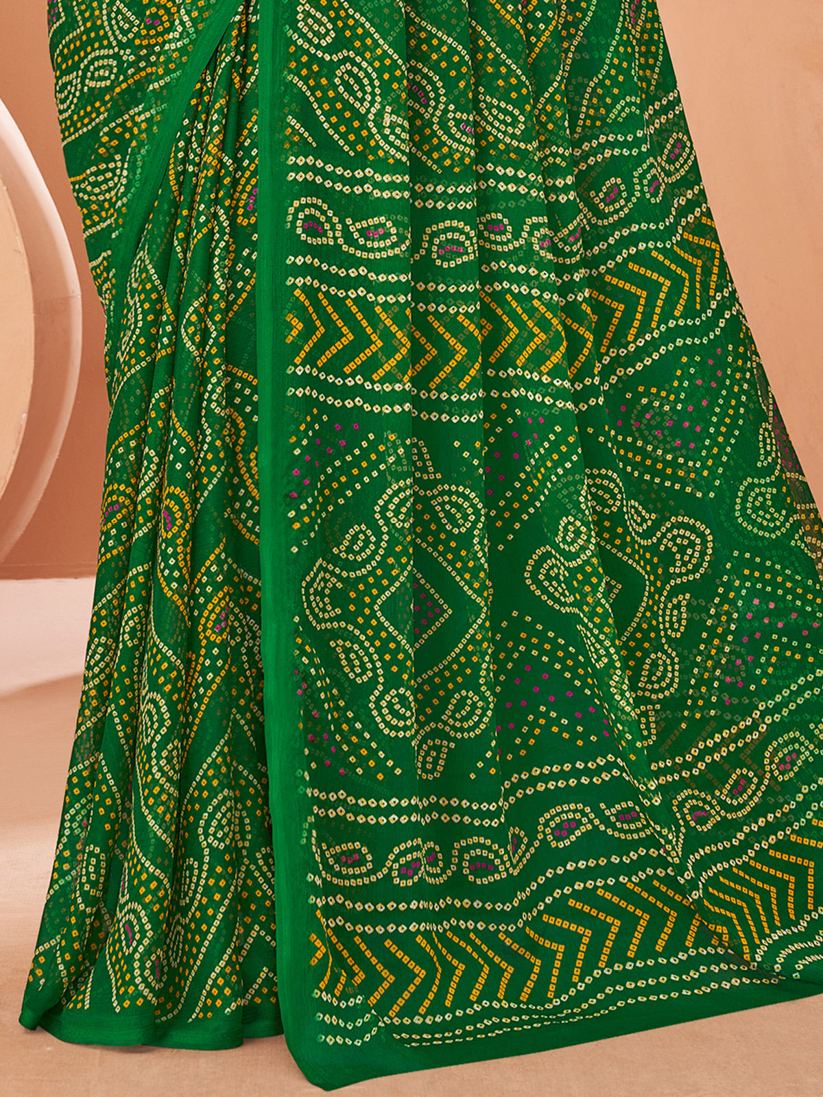 Dark green bandhani printed chiffon saree