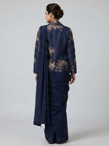 Navy blue dola silk designer ready to wear saree with jacket