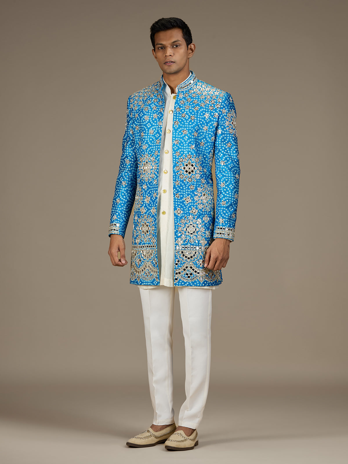Blue mens regal bandhani indo western jacket set