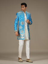 Blue mens regal bandhani indo western jacket set