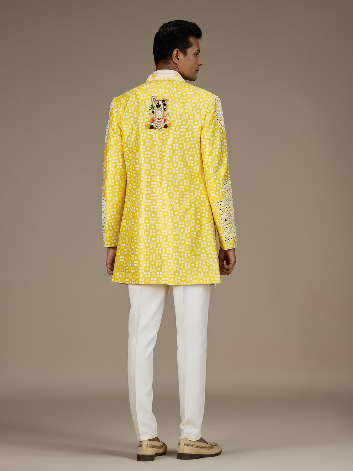 Yellow mens heritage indo western jacket ensemble