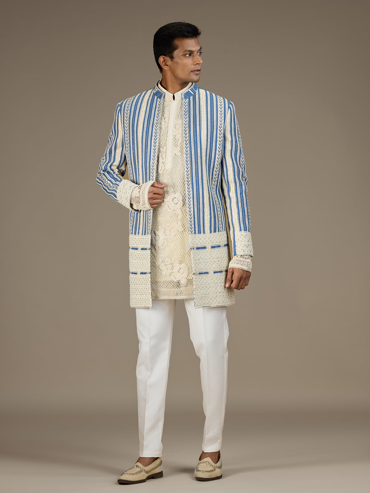 Blue mens designer denim indo western jacket set