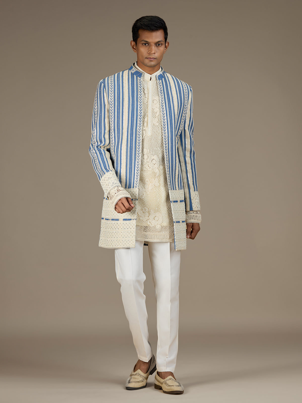 Blue mens designer denim indo western jacket set