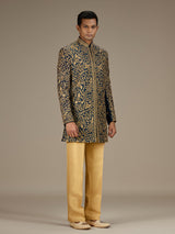 Blue mens heritage raw silk indo western set