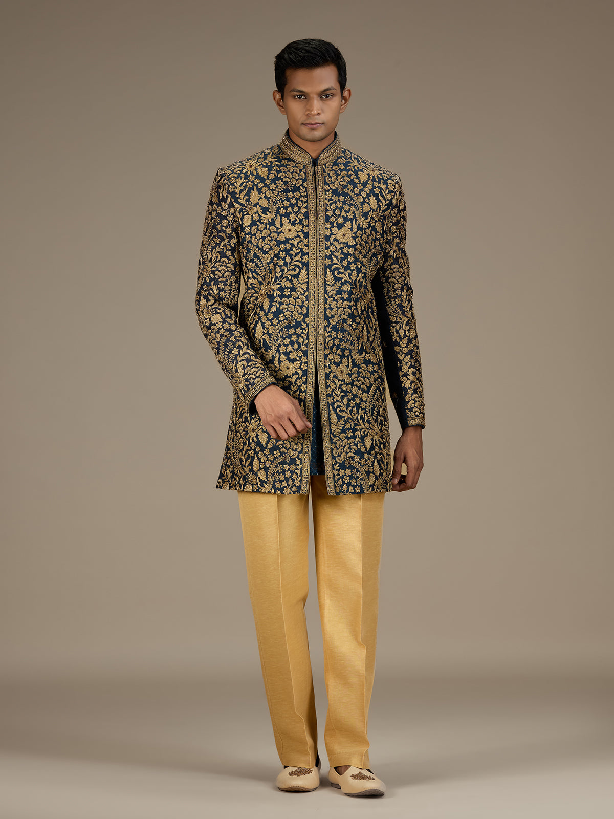 Blue mens heritage raw silk indo western set