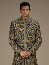 Blue mens heritage raw silk indo western set