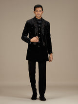 Black mens royal velvet indo western jacket set