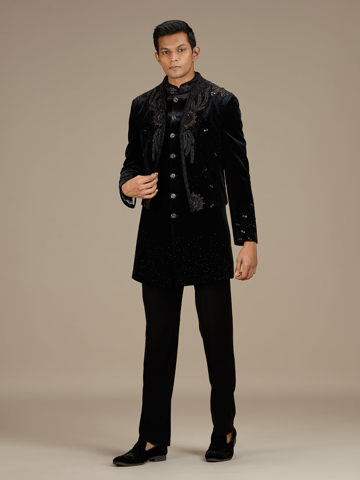 Black mens royal velvet indo western jacket set