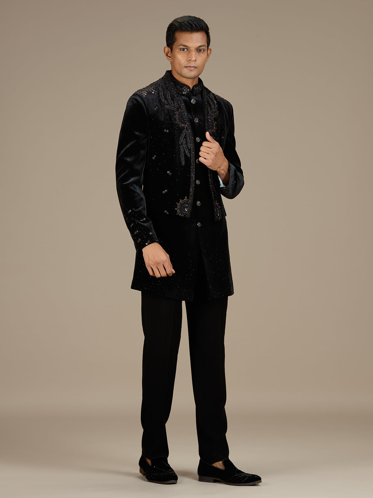 Black mens royal velvet indo western jacket set