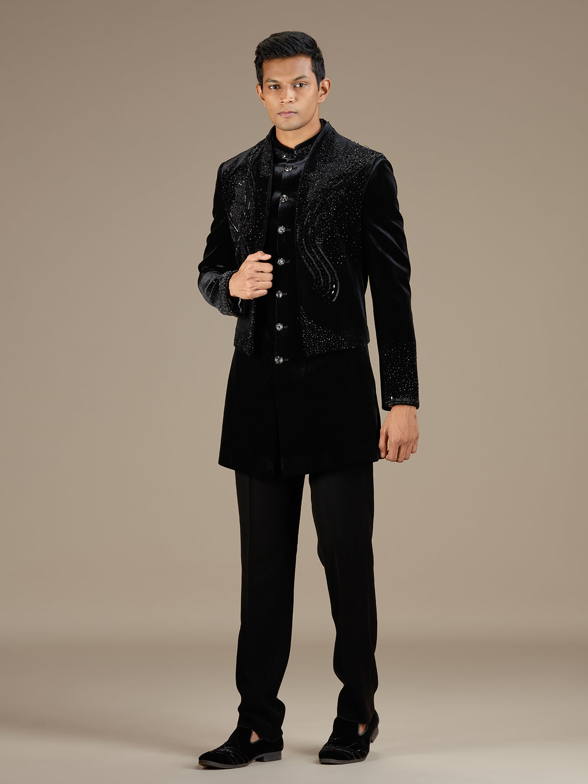 Black mens designer velvet indo western jacket set
