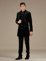 Black mens designer velvet indo western jacket set