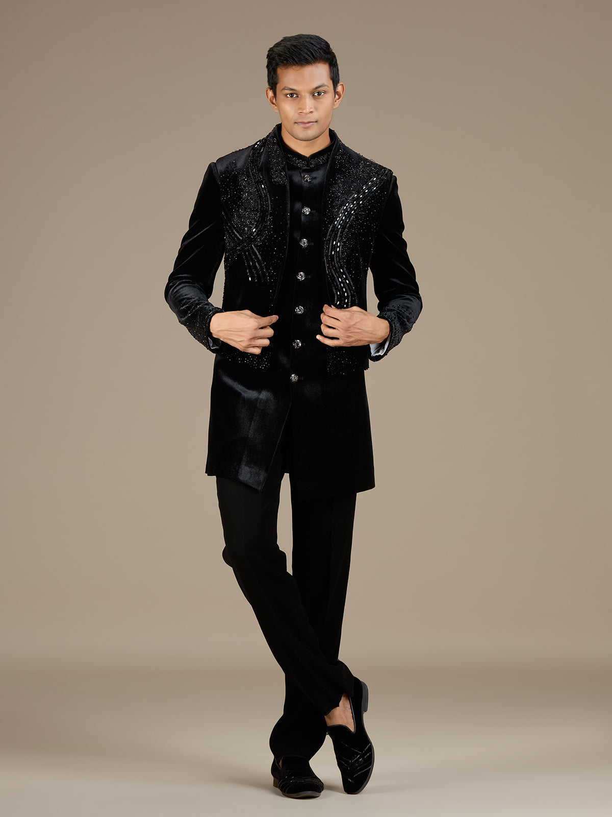 Black mens designer velvet indo western jacket set
