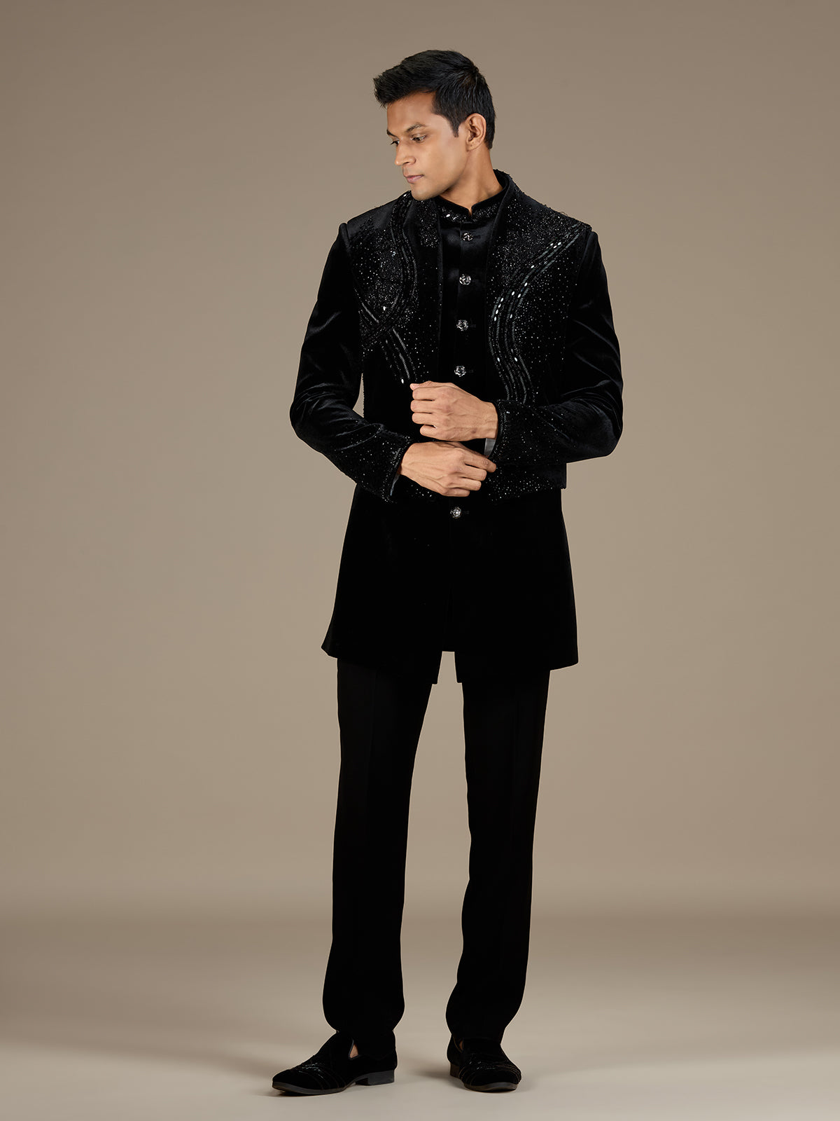 Black mens designer velvet indo western jacket set
