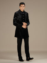 Black mens designer velvet indo western jacket set