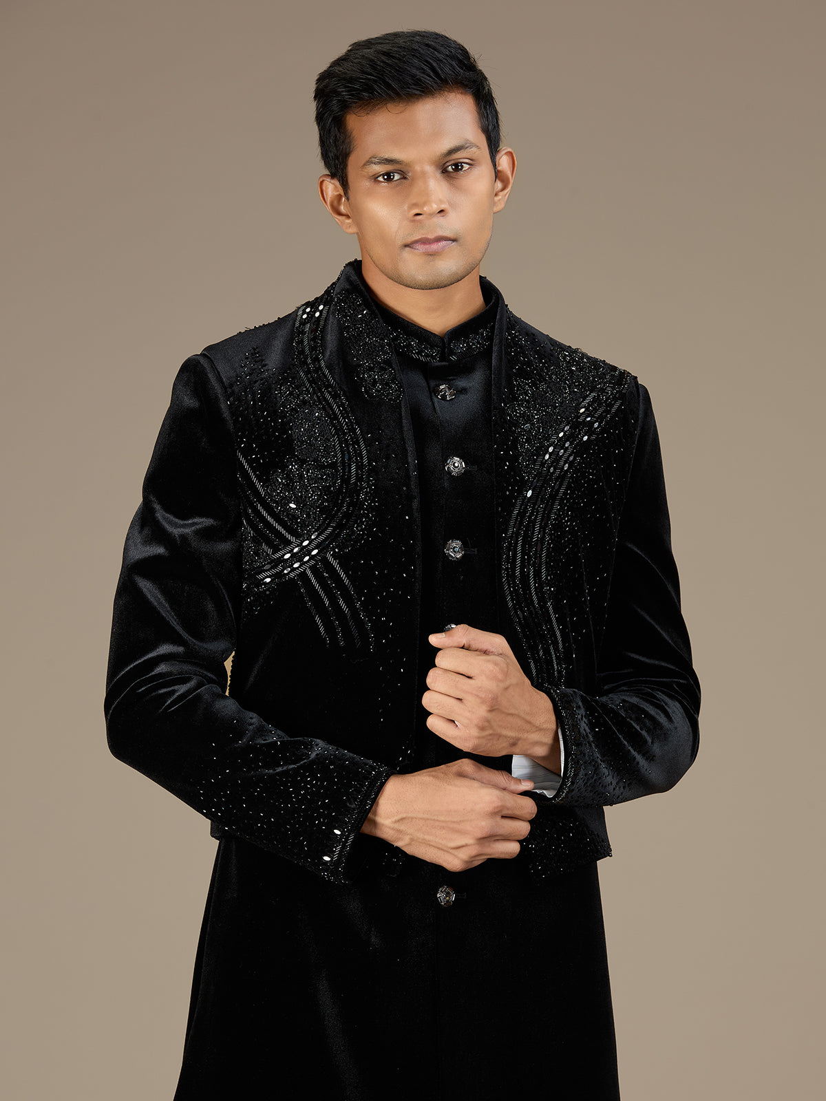 Black mens designer velvet indo western jacket set