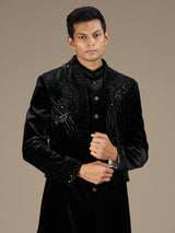 Black mens designer velvet indo western jacket set