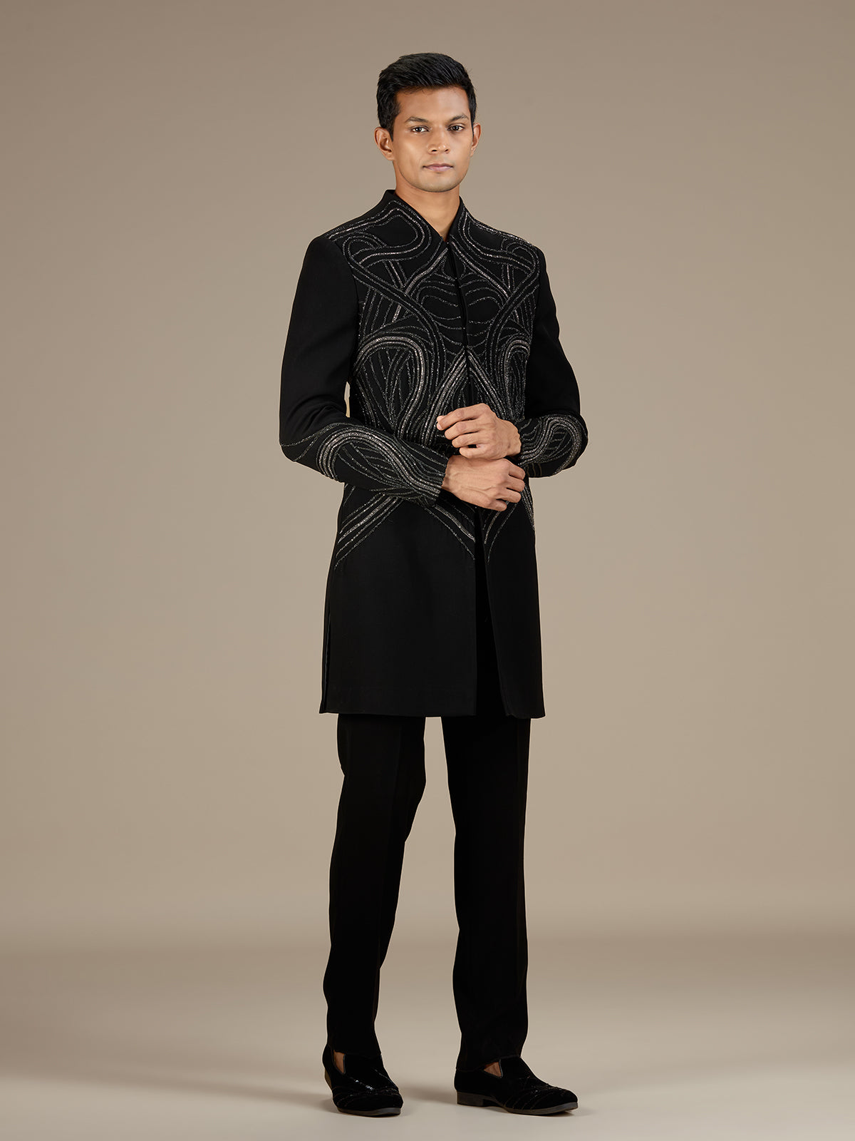 Black mens sleek luxury indo western bandhgala set