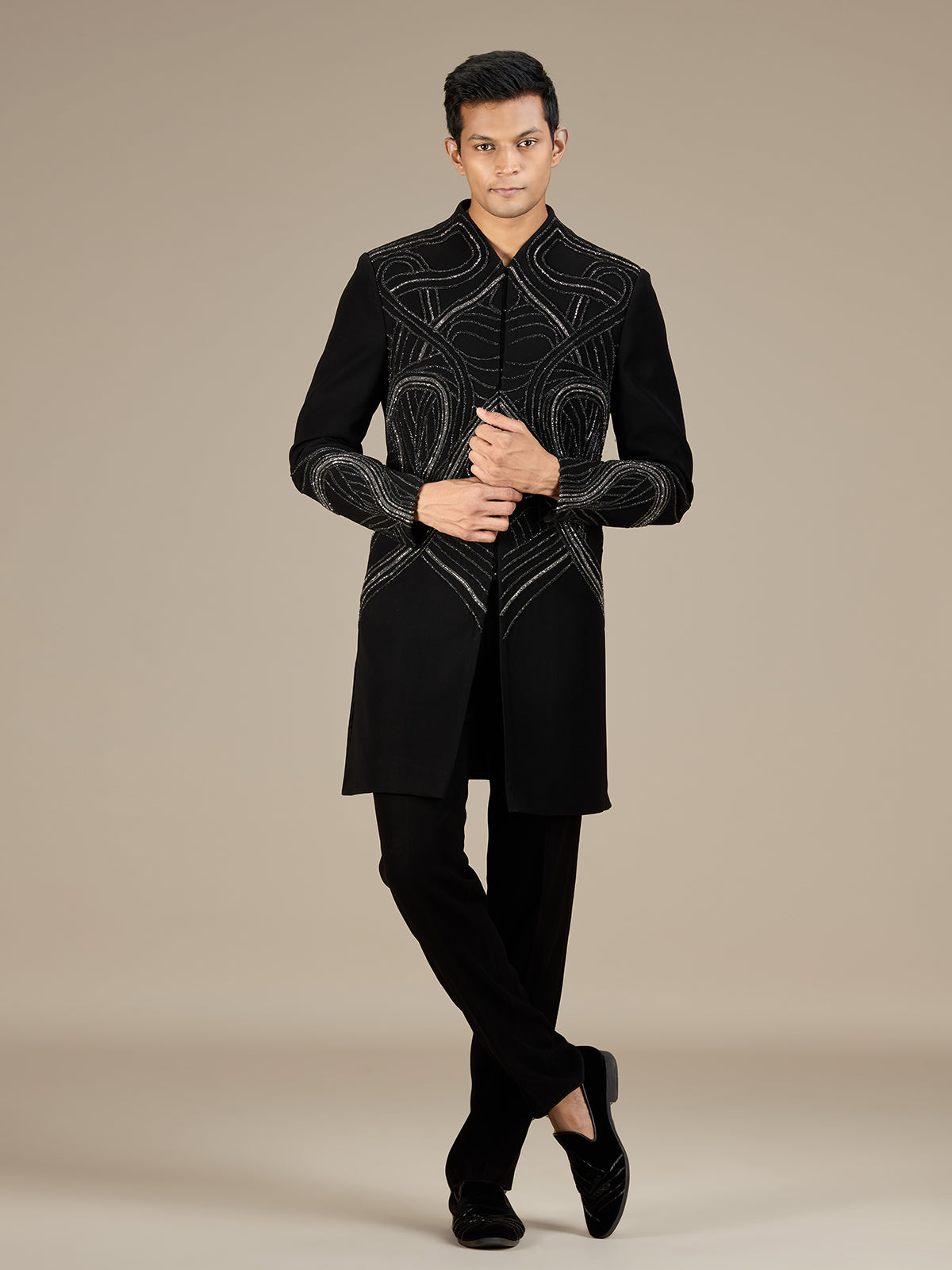 Black mens sleek luxury indo western bandhgala set