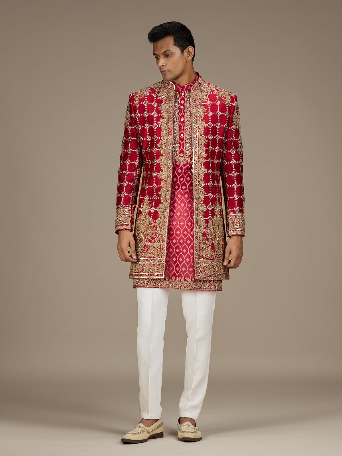 Red mens royal bandhani indo western jacket set