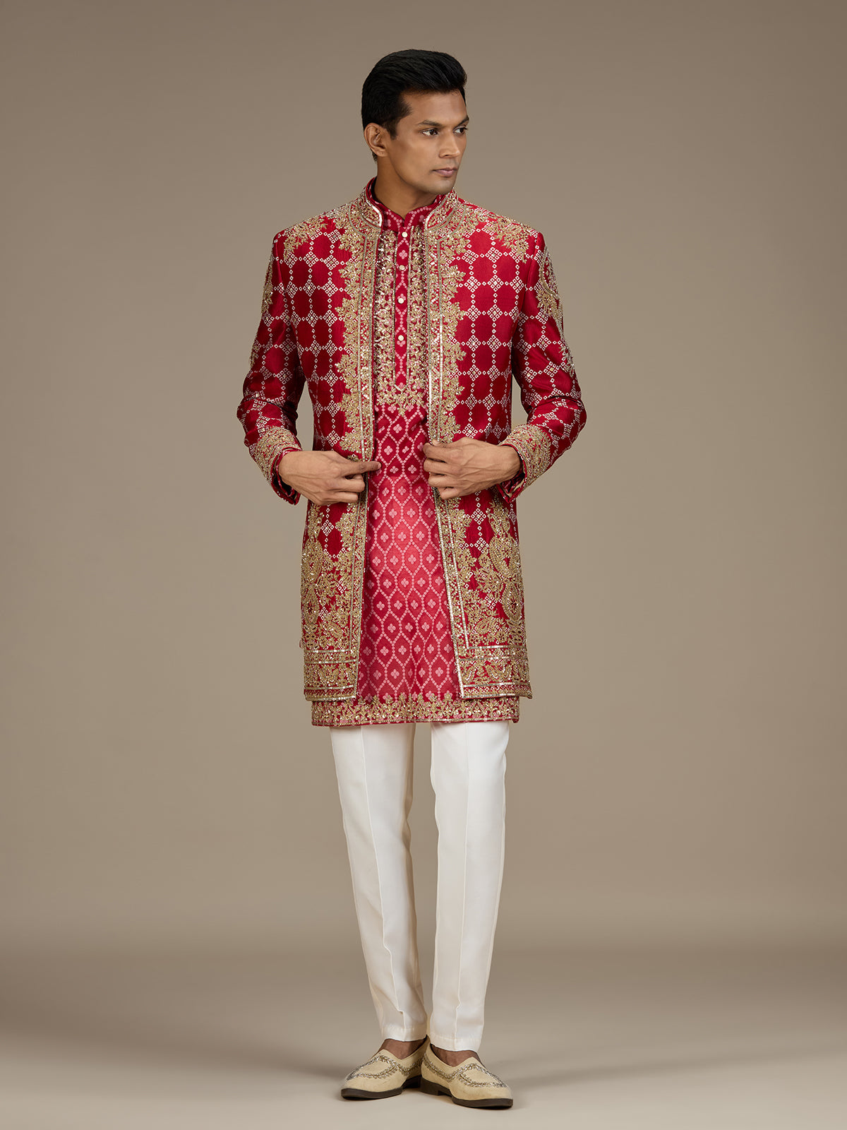 Red mens royal bandhani indo western jacket set
