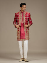 Red mens royal bandhani indo western jacket set